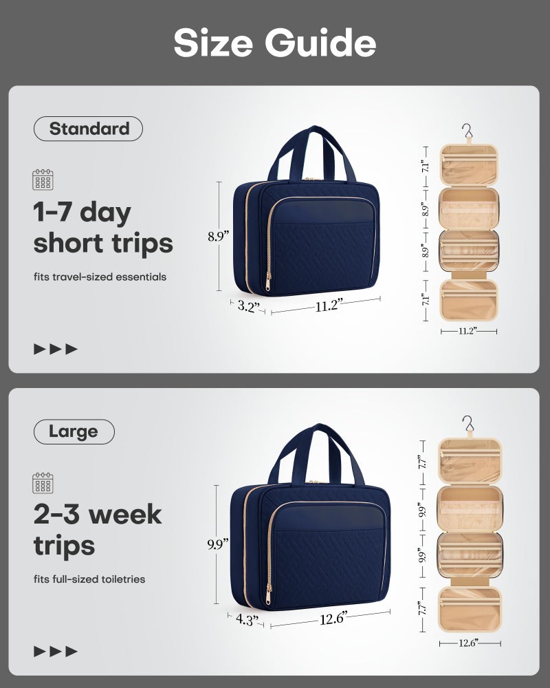 HOTOR Travel Toiletry Bag for Women & Men, Waterproof Makeup Bag with Hanging Hook and Multiple Pockets, Cosmetic Bags for Women, Travel Essentials, 11.2'' x 3.2'' x 8.9'', Dark Blue - Image 2